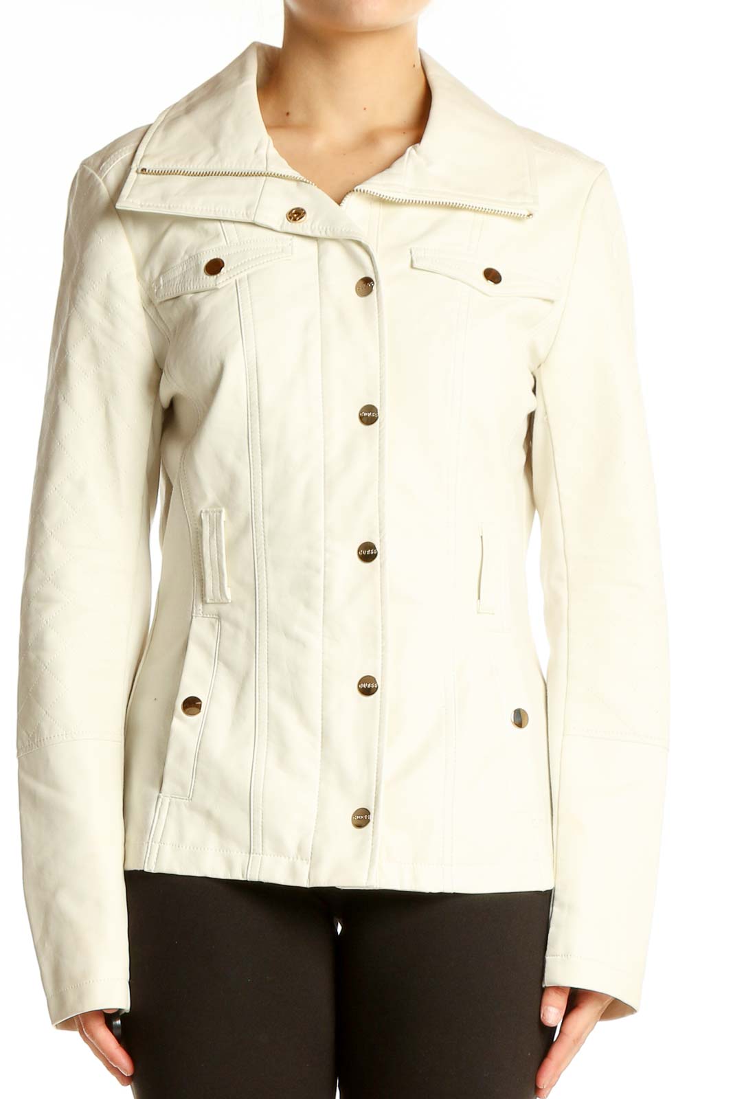 Front view of cream Guess utility jacket with zip-up closure