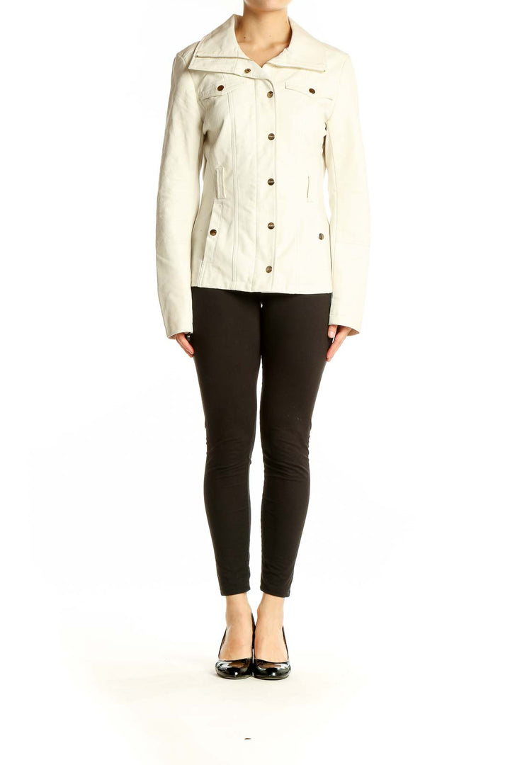 Front view of cream Guess utility jacket with zip-up closure