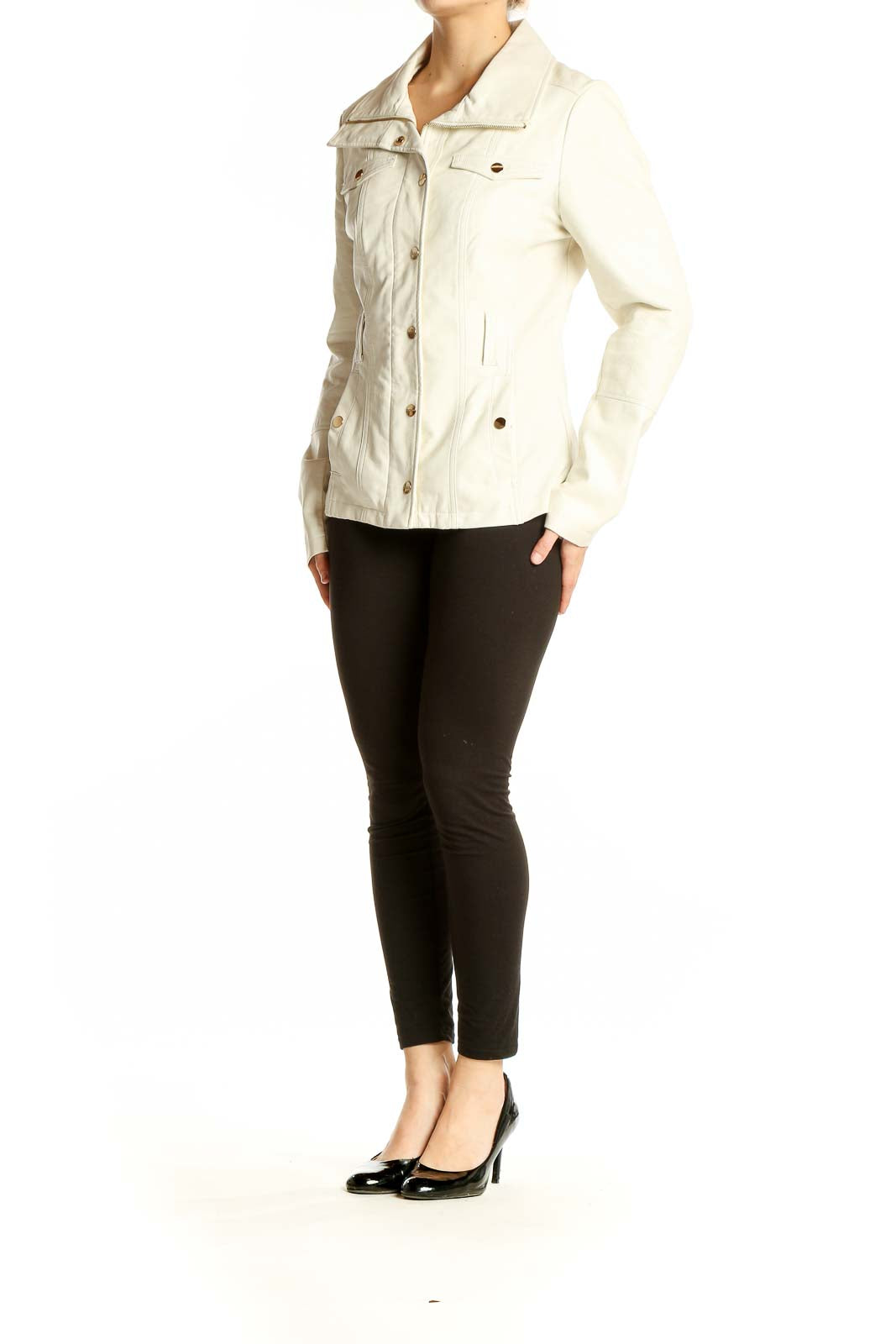 Front view of cream Guess utility jacket with zip-up closure