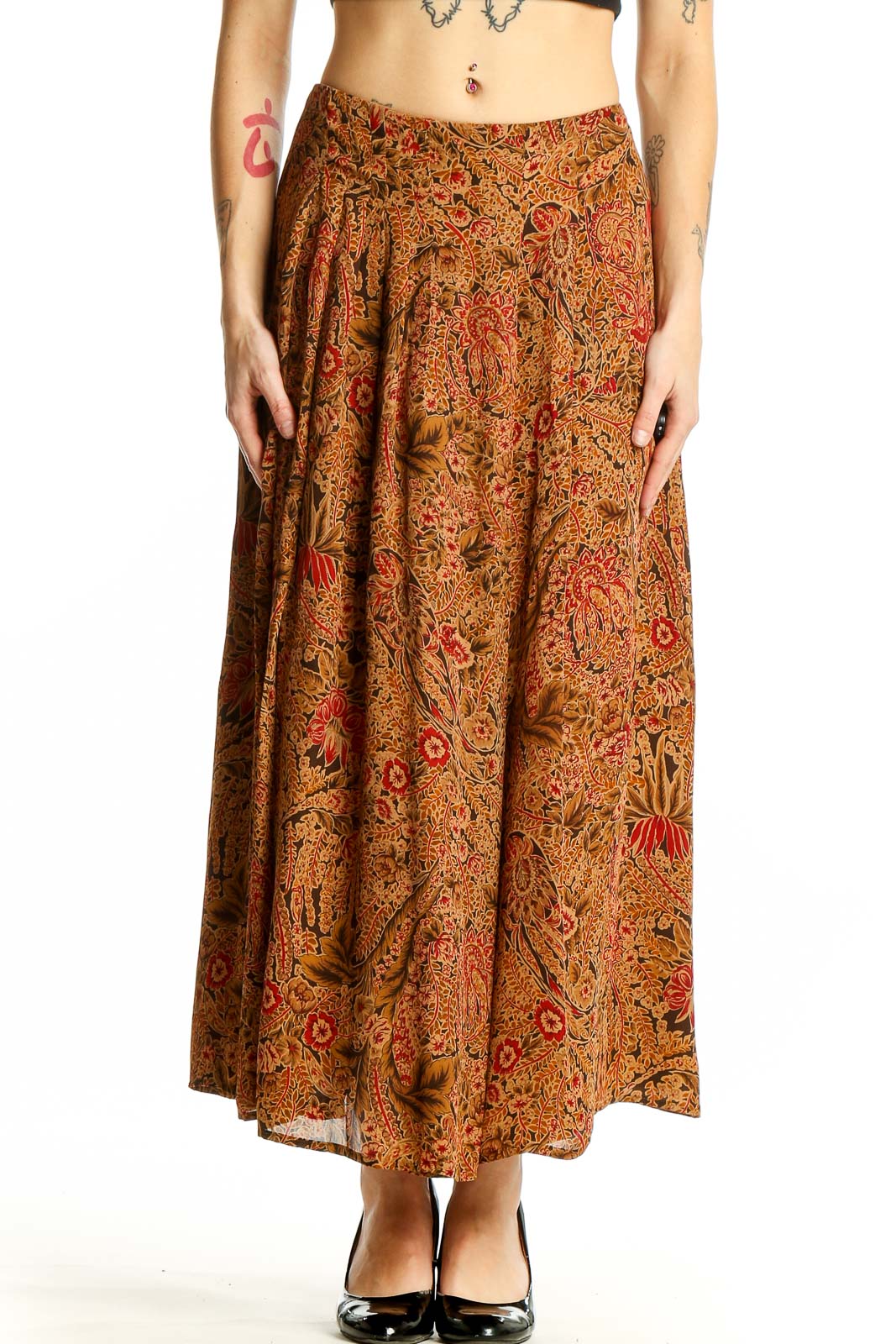 Front view of Dana Buchman orange floral paisley maxi skirt