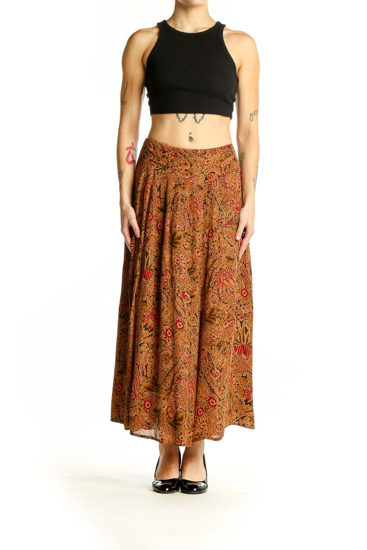 Front view of Dana Buchman orange floral paisley maxi skirt