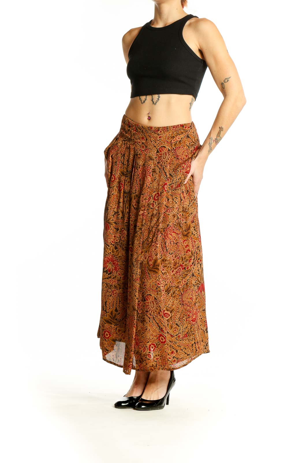 Front view of Dana Buchman orange floral paisley maxi skirt