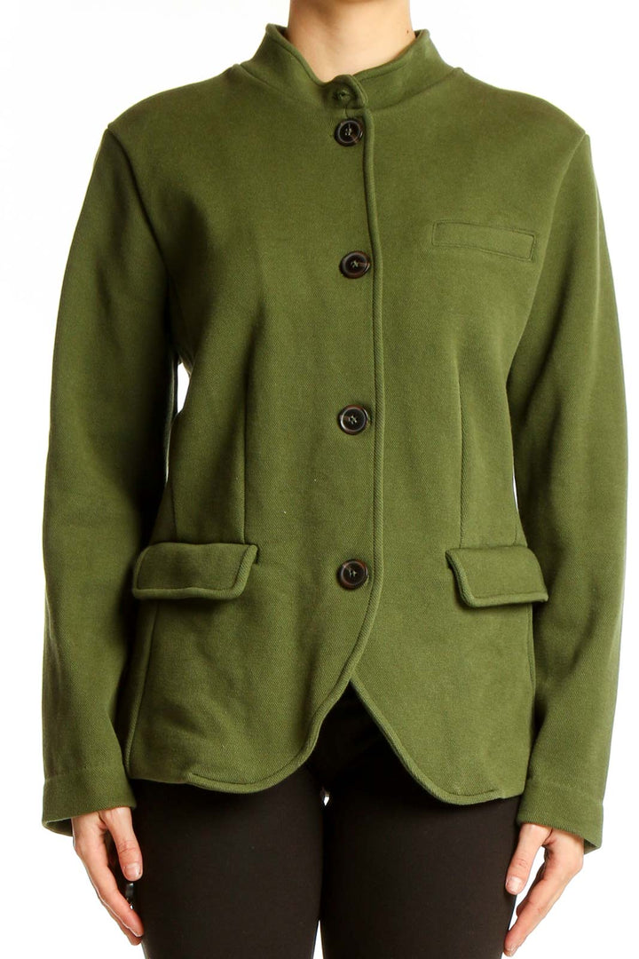 Front view of olive green Banana Republic blazer jacket with mandarin collar