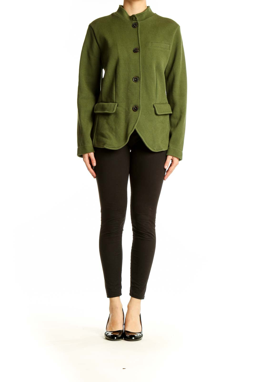 Front view of olive green Banana Republic blazer jacket with mandarin collar