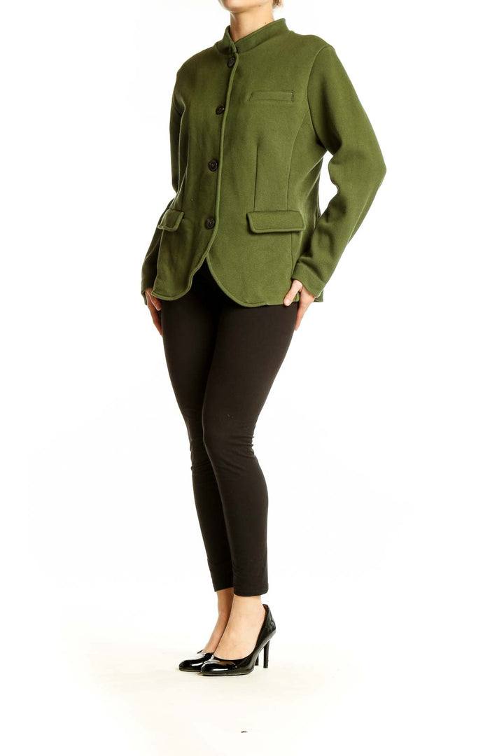 Front view of olive green Banana Republic blazer jacket with mandarin collar
