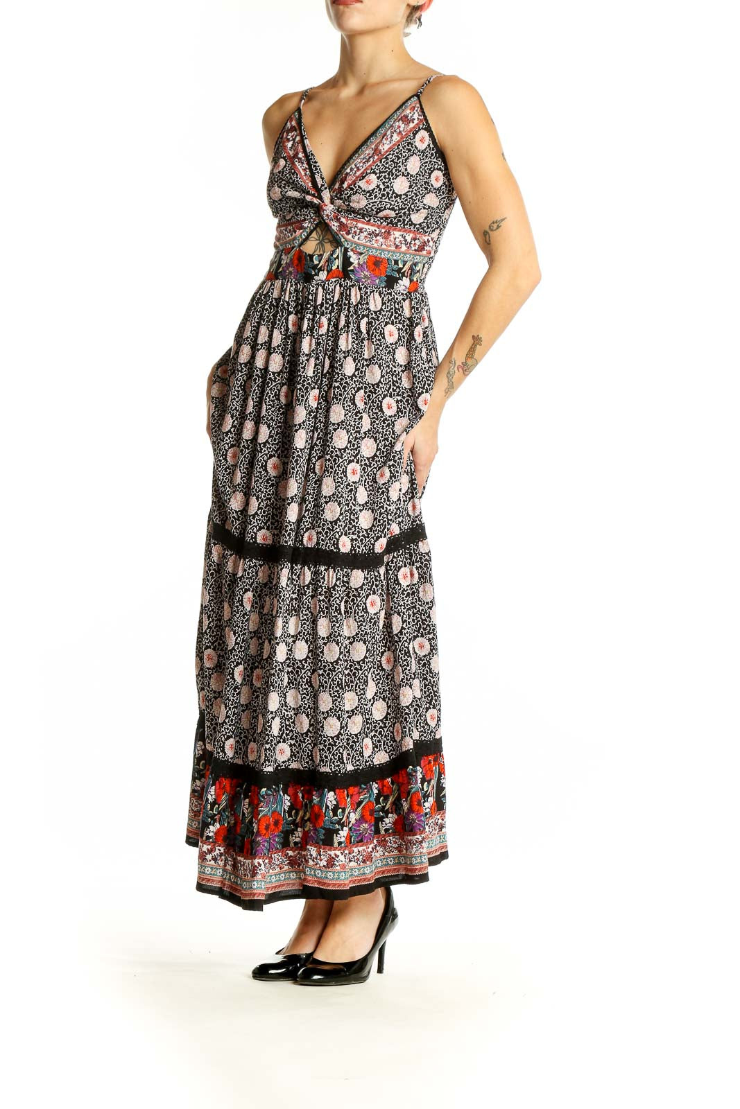 Front view of SilkRoll black floral maxi dress with cutout detail