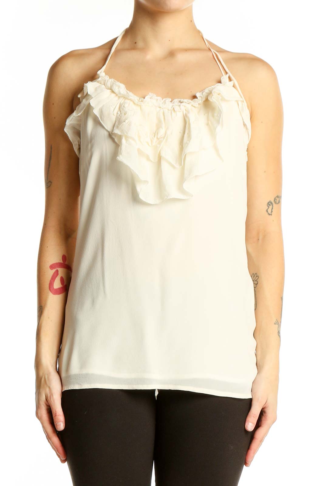 Front view of white MM Couture halter top with ruffled neckline