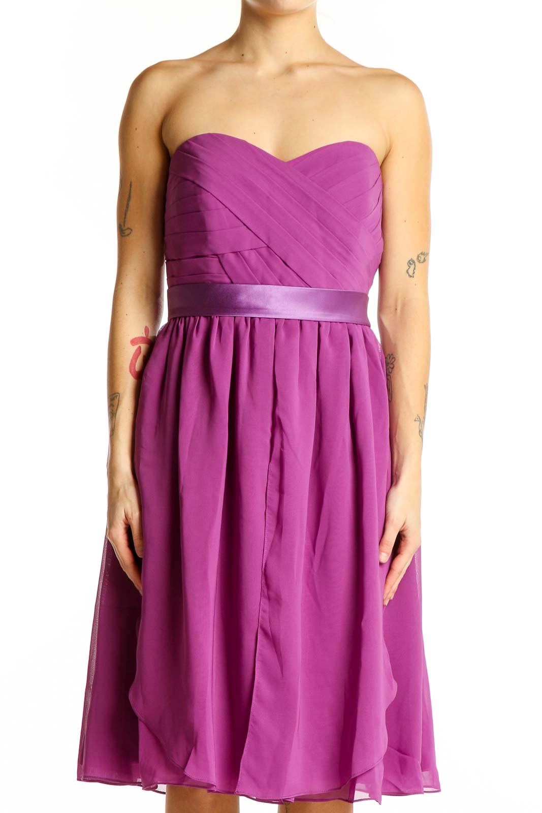 Front view of purple strapless cocktail dress with ruched bodice