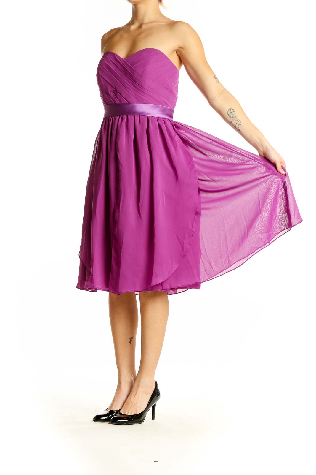 Front view of purple strapless cocktail dress with ruched bodice