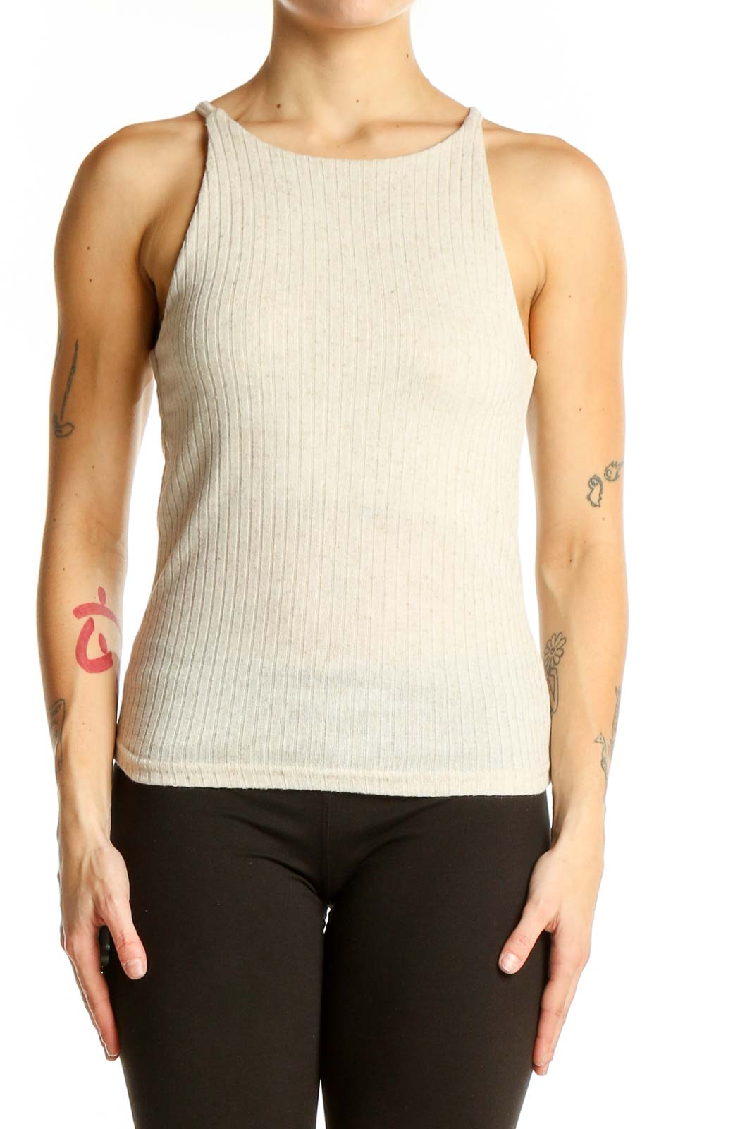 Front view of Mango beige ribbed sleeveless tank top