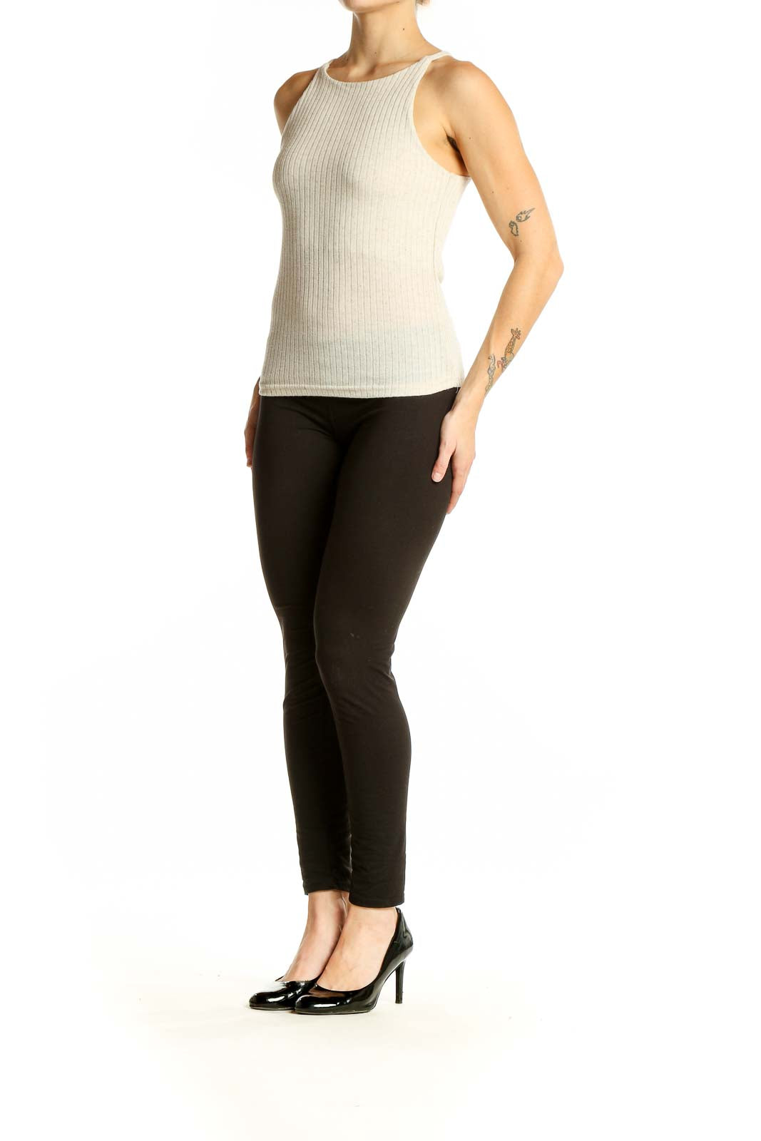 Front view of Mango beige ribbed sleeveless tank top