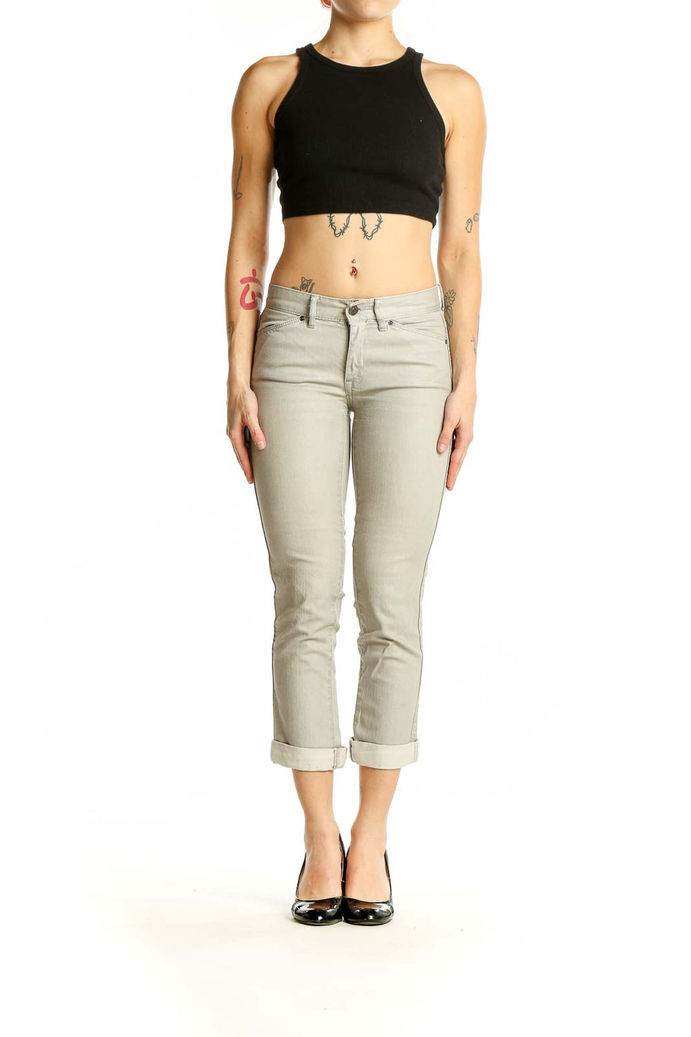 Front view of Club Monaco beige cropped jeans on model