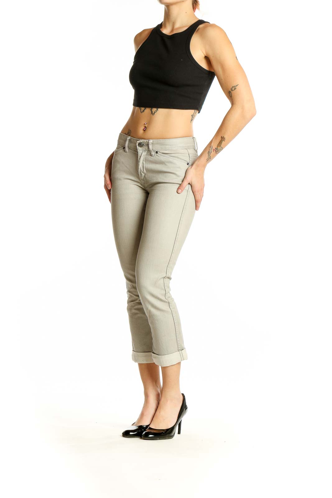 Front view of Club Monaco beige cropped jeans on model