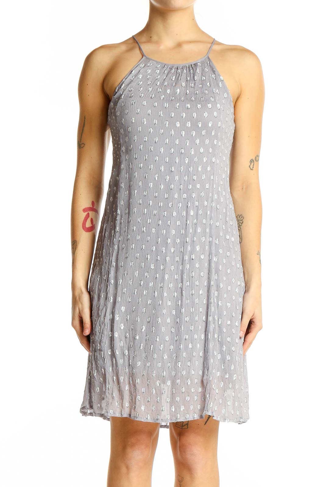 Front view of Ella Moss gray polka dot sleeveless summer dress with halter neckline