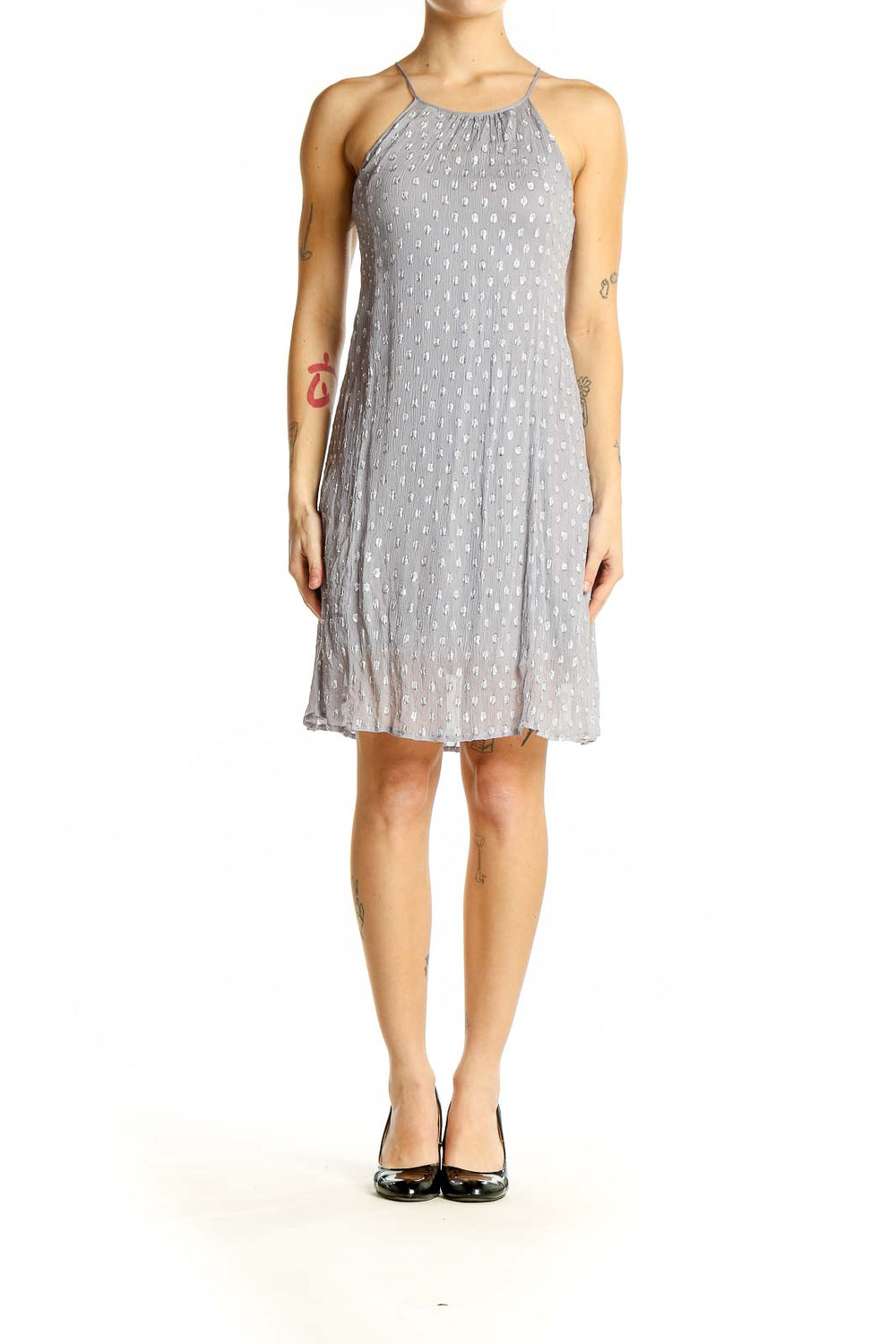 Front view of Ella Moss gray polka dot sleeveless summer dress with halter neckline