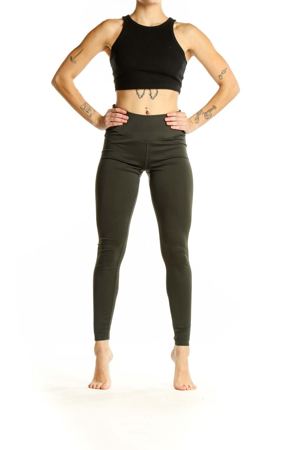 Front view of olive Uniqlo high-waisted performance leggings