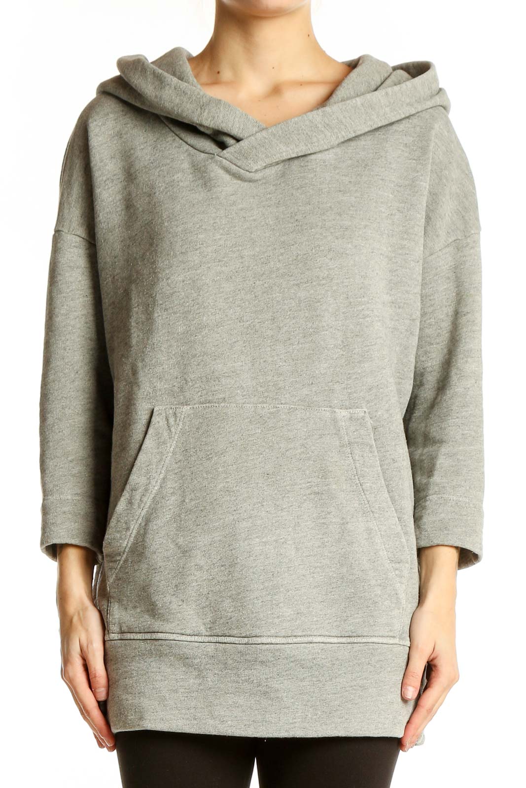 Front view of gray hooded sweatshirt jacket by Standard James Perse