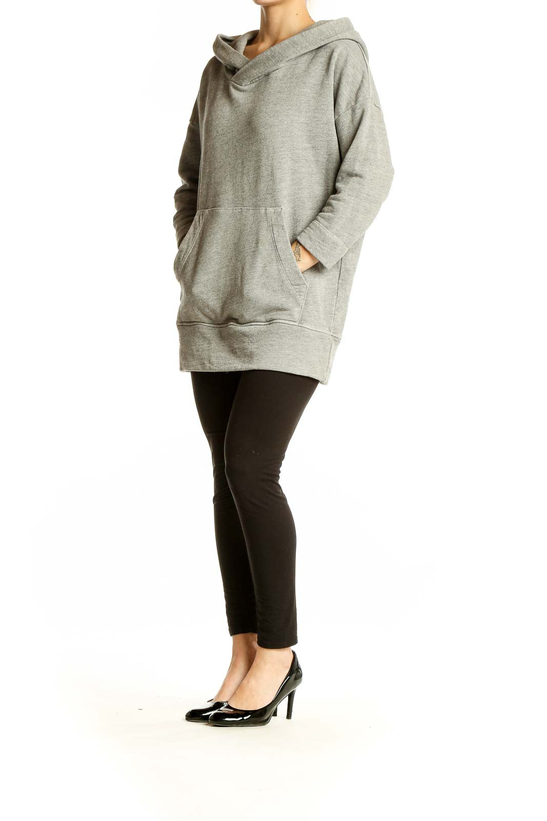 Front view of gray hooded sweatshirt jacket by Standard James Perse