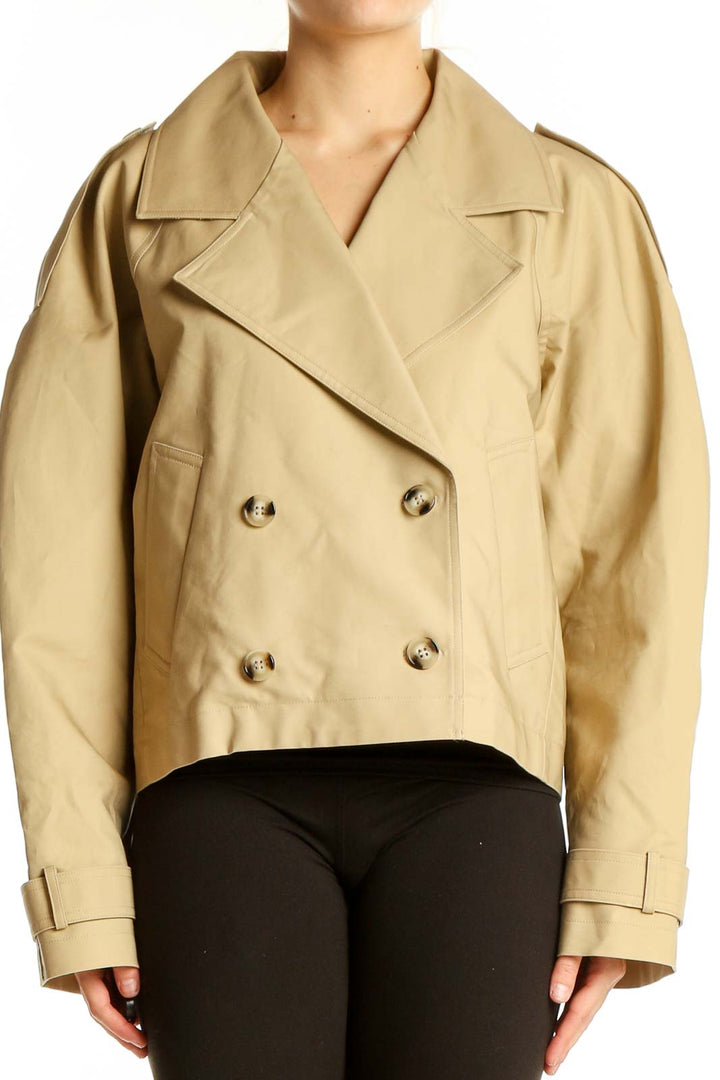 Front view of Modern Citizen beige cropped double-breasted trench jacket