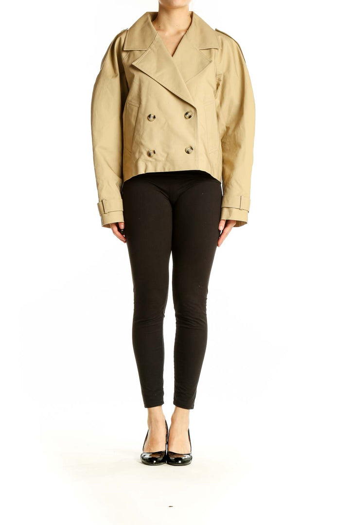 Front view of Modern Citizen beige cropped double-breasted trench jacket