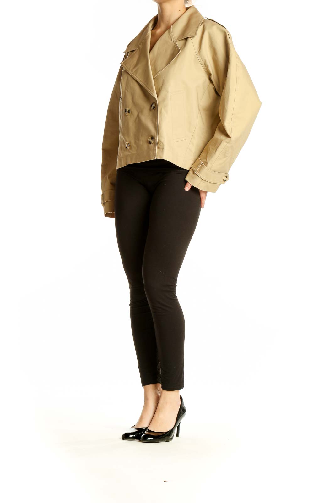 Front view of Modern Citizen beige cropped double-breasted trench jacket