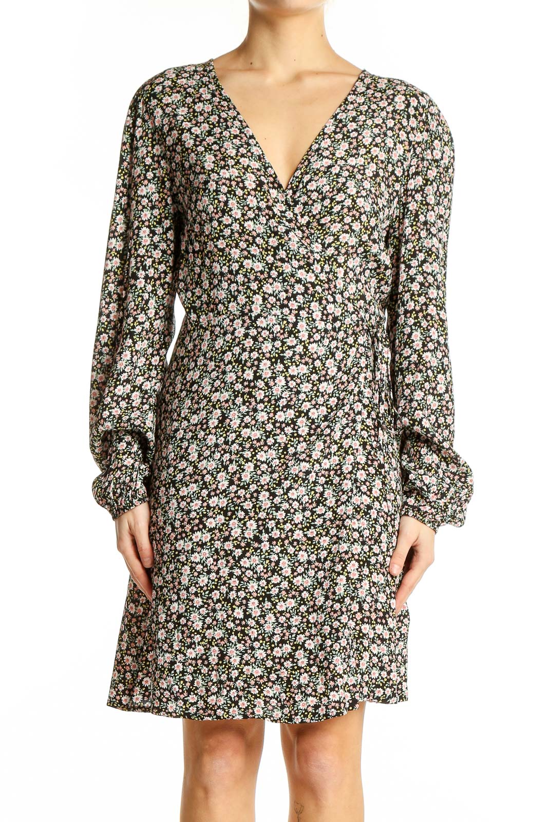 Front view of Elodie Black Floral Wrap Mini Dress with V-neck and long sleeves