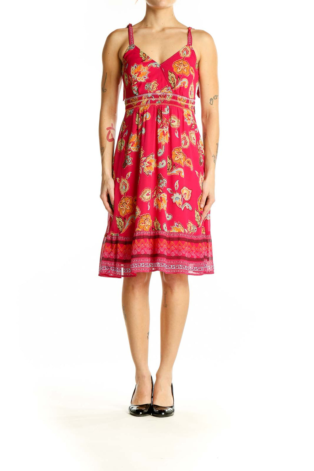 Front view of Esprit pink floral empire waist sundress with spaghetti straps