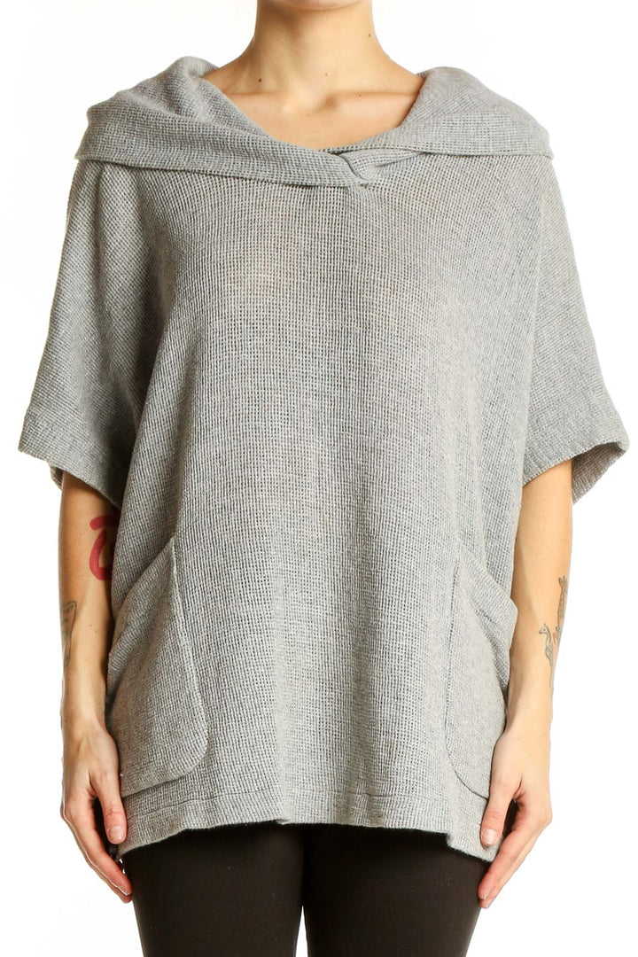 Front view of gray knit poncho top by Standard James Perse