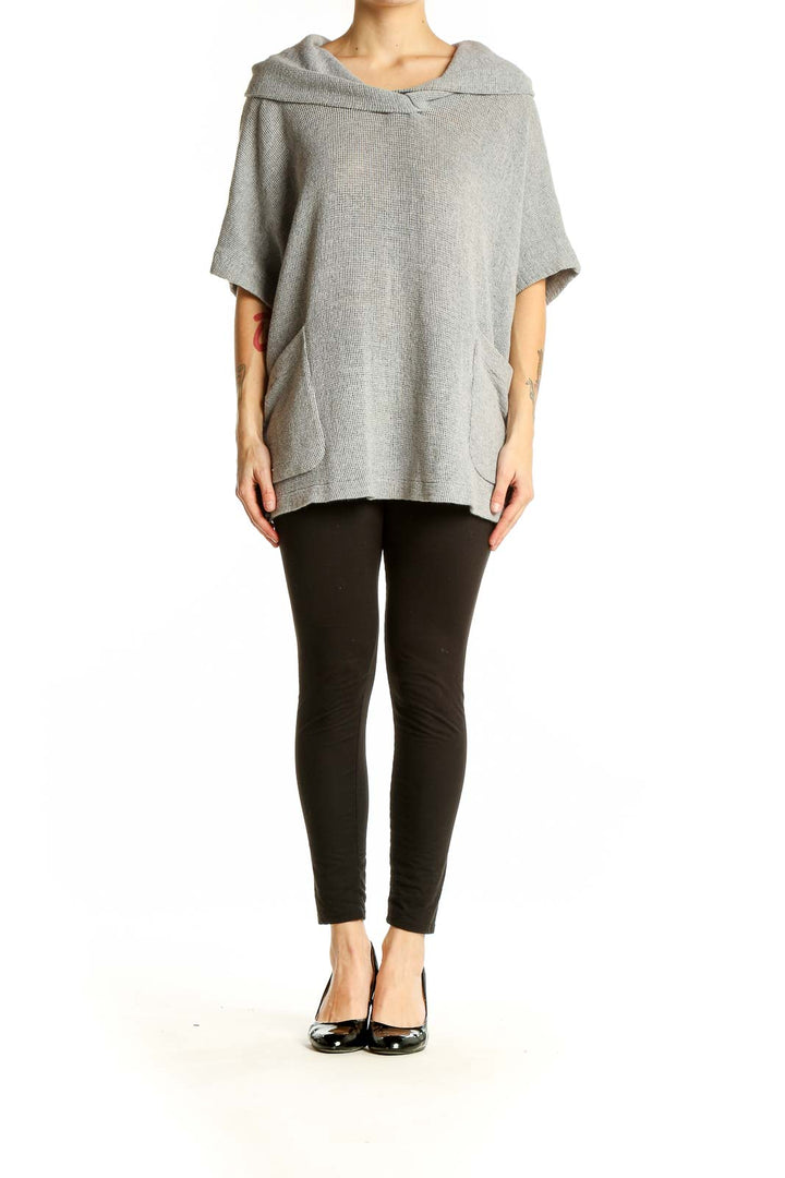 Front view of gray knit poncho top by Standard James Perse