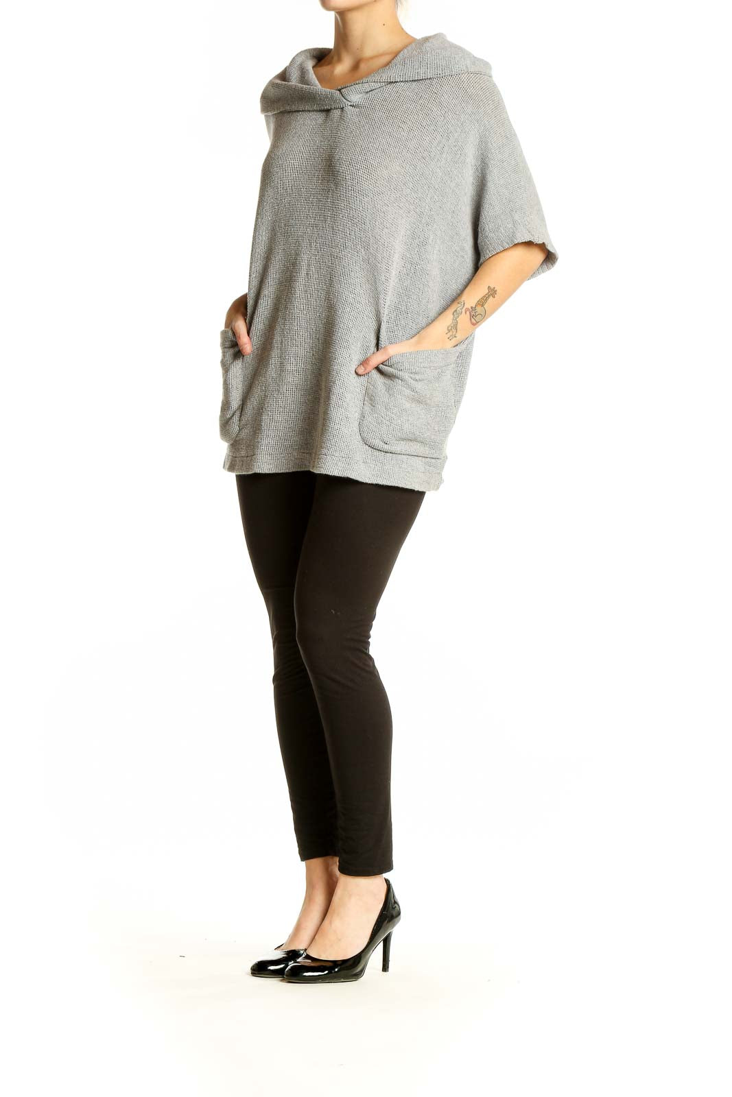 Front view of gray knit poncho top by Standard James Perse