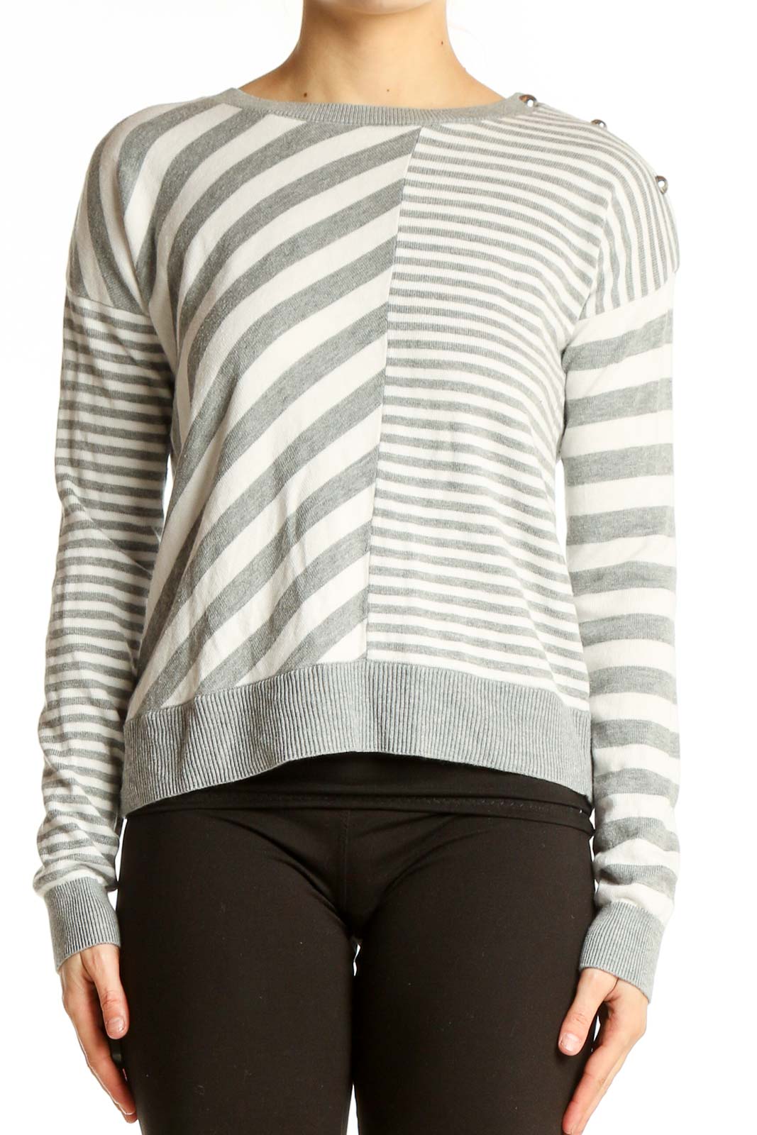 Front view of Abercrombie & Fitch gray and white striped knit sweater with diagonal pattern