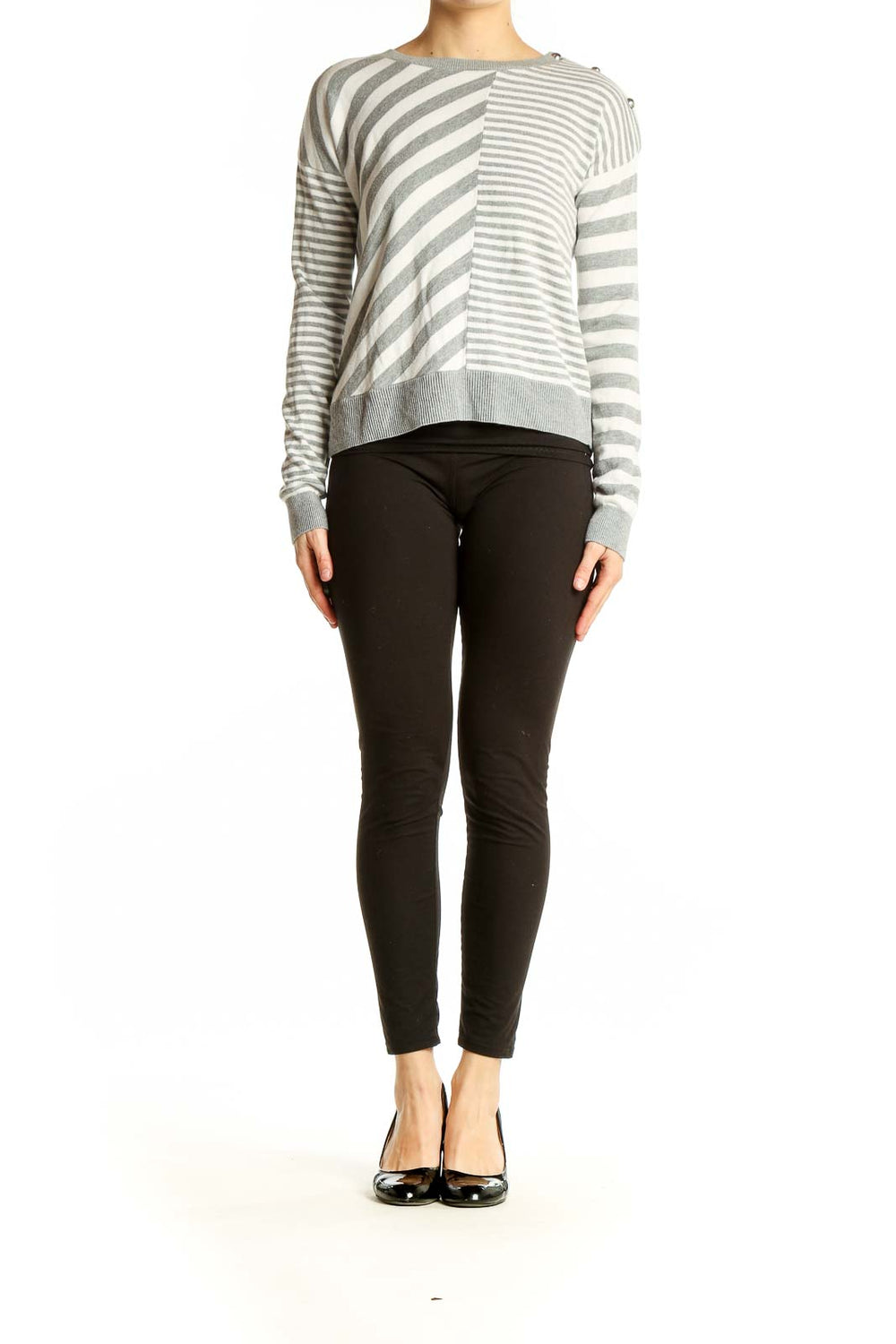 Front view of Abercrombie & Fitch gray and white striped knit sweater with diagonal pattern