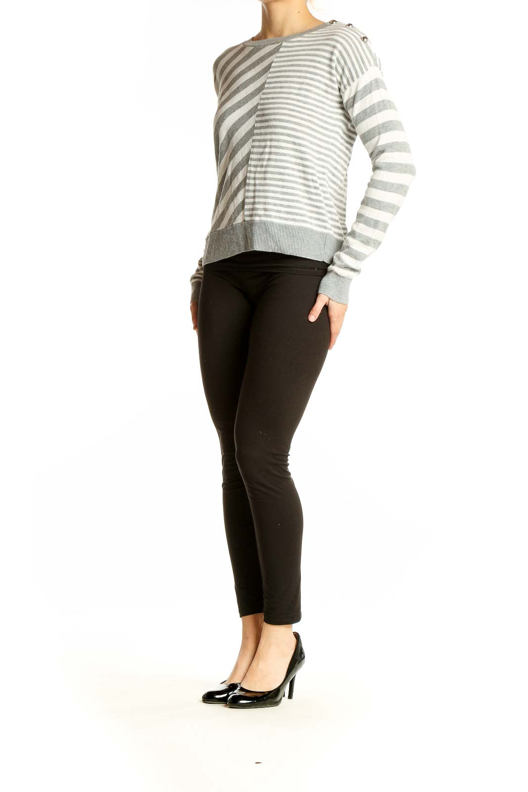 Front view of Abercrombie & Fitch gray and white striped knit sweater with diagonal pattern