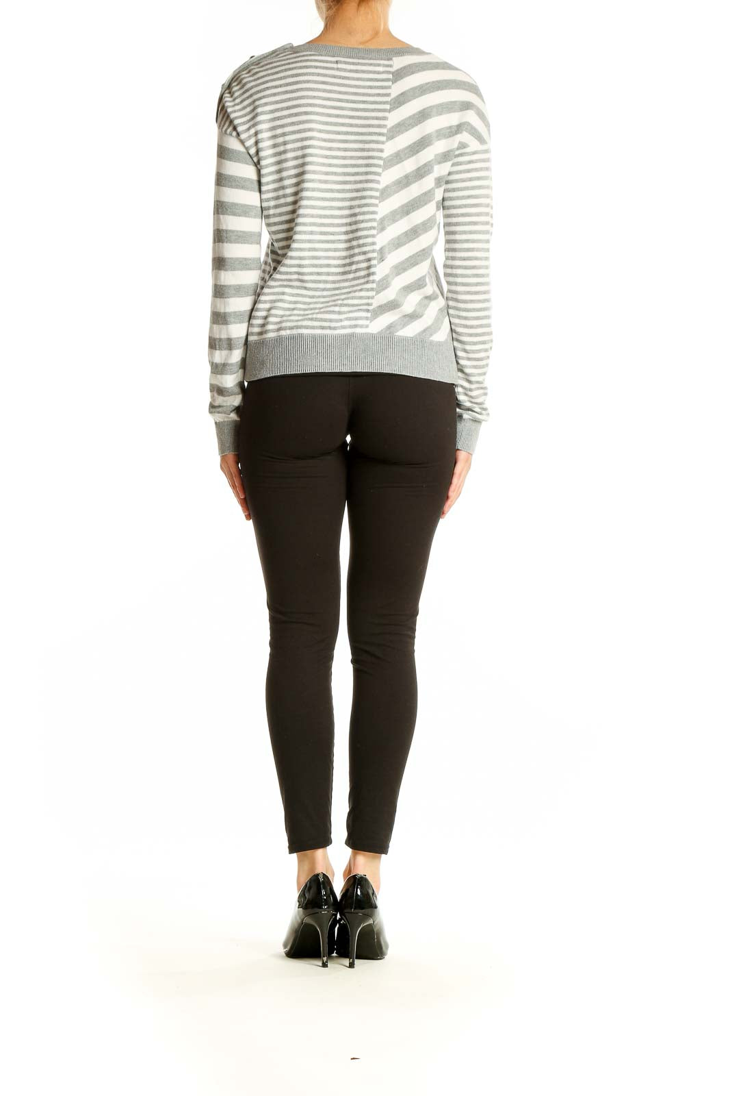 Side view of Abercrombie & Fitch gray and white striped knit sweater showing full outfit