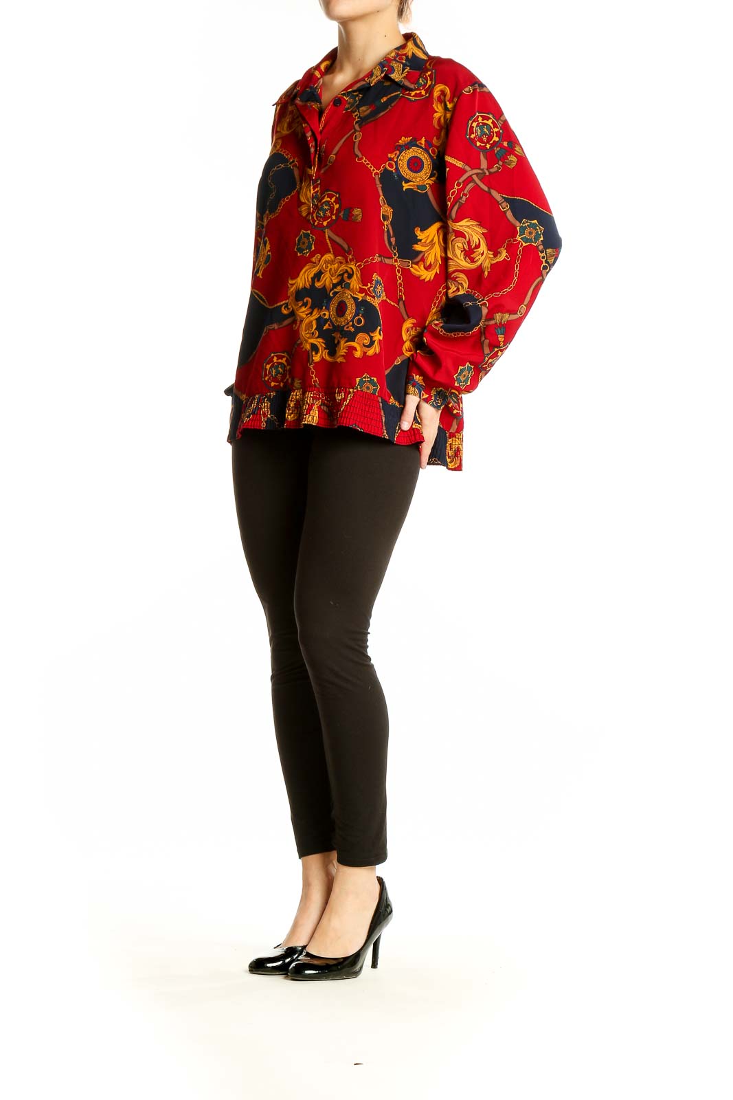 Front view of Alfred Dunner red blouse with ornate chain print and ruffle hem