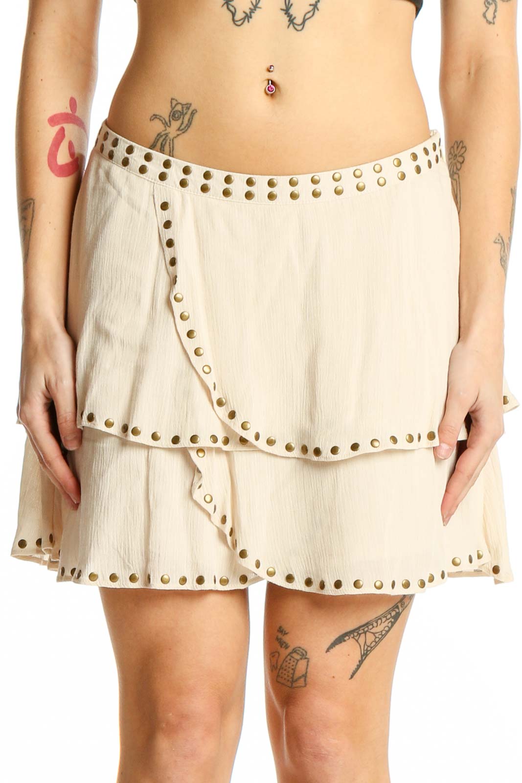 Front view of Ecote cream studded tiered mini skirt