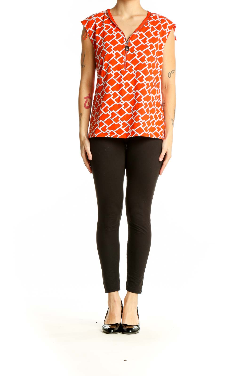 Front view of Michael Kors orange geometric print sleeveless top with V-neck and zipper detail