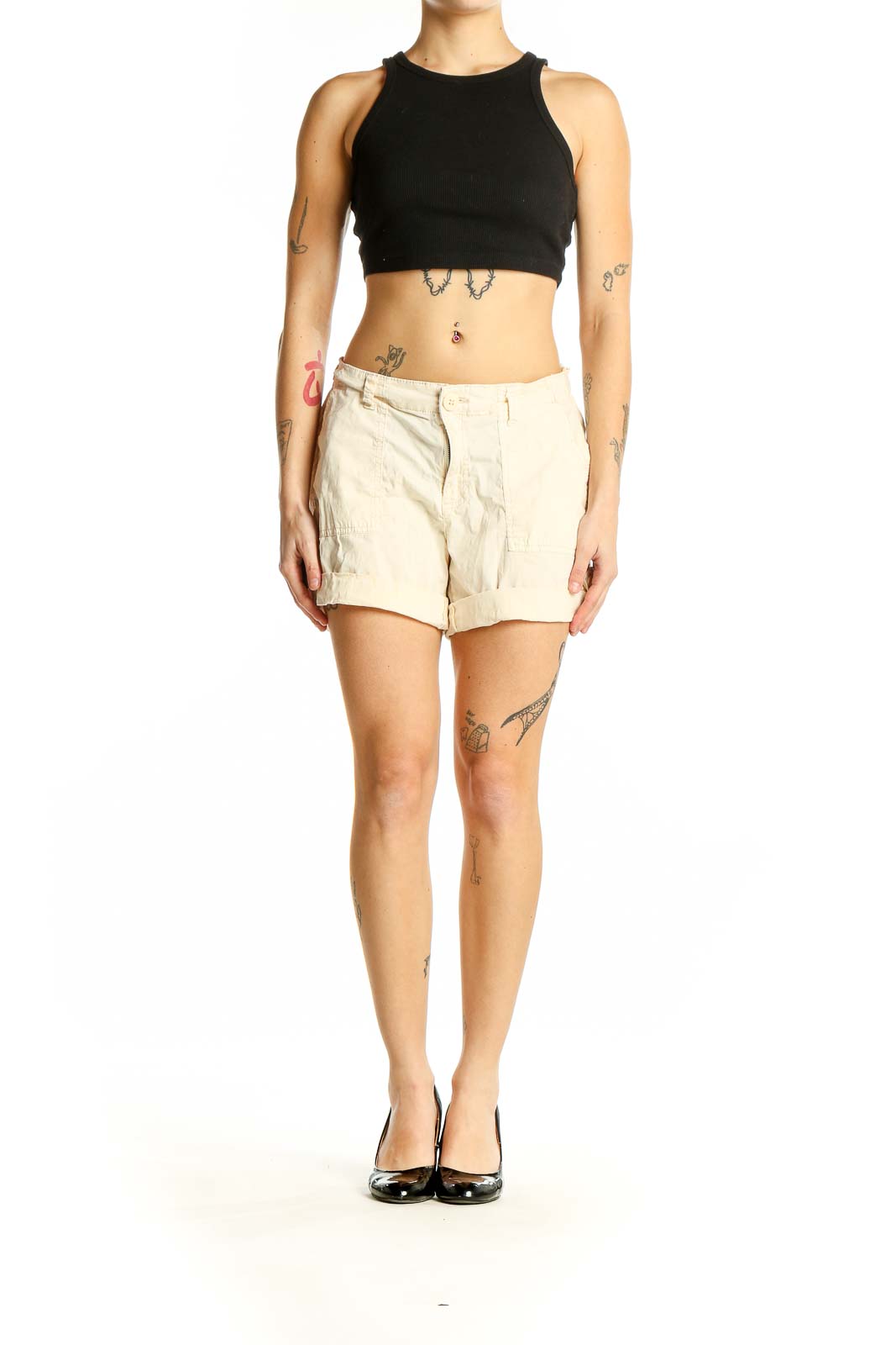 Front view of cream-colored Sanctuary cotton-blend shorts