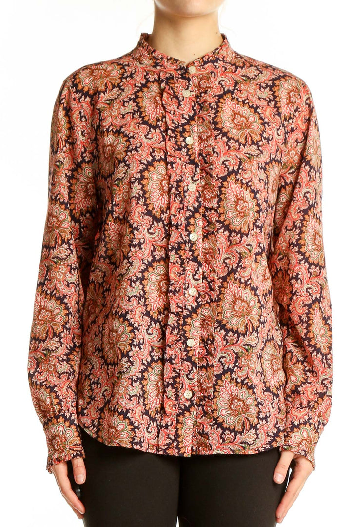 Front view of J.Crew pink floral paisley button-up blouse