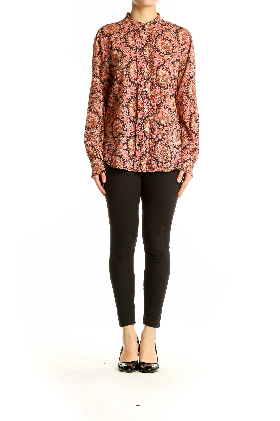 Front view of J.Crew pink floral paisley button-up blouse