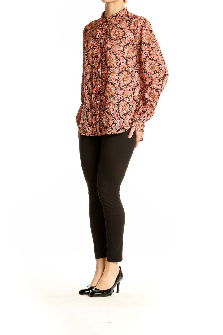 Front view of J.Crew pink floral paisley button-up blouse