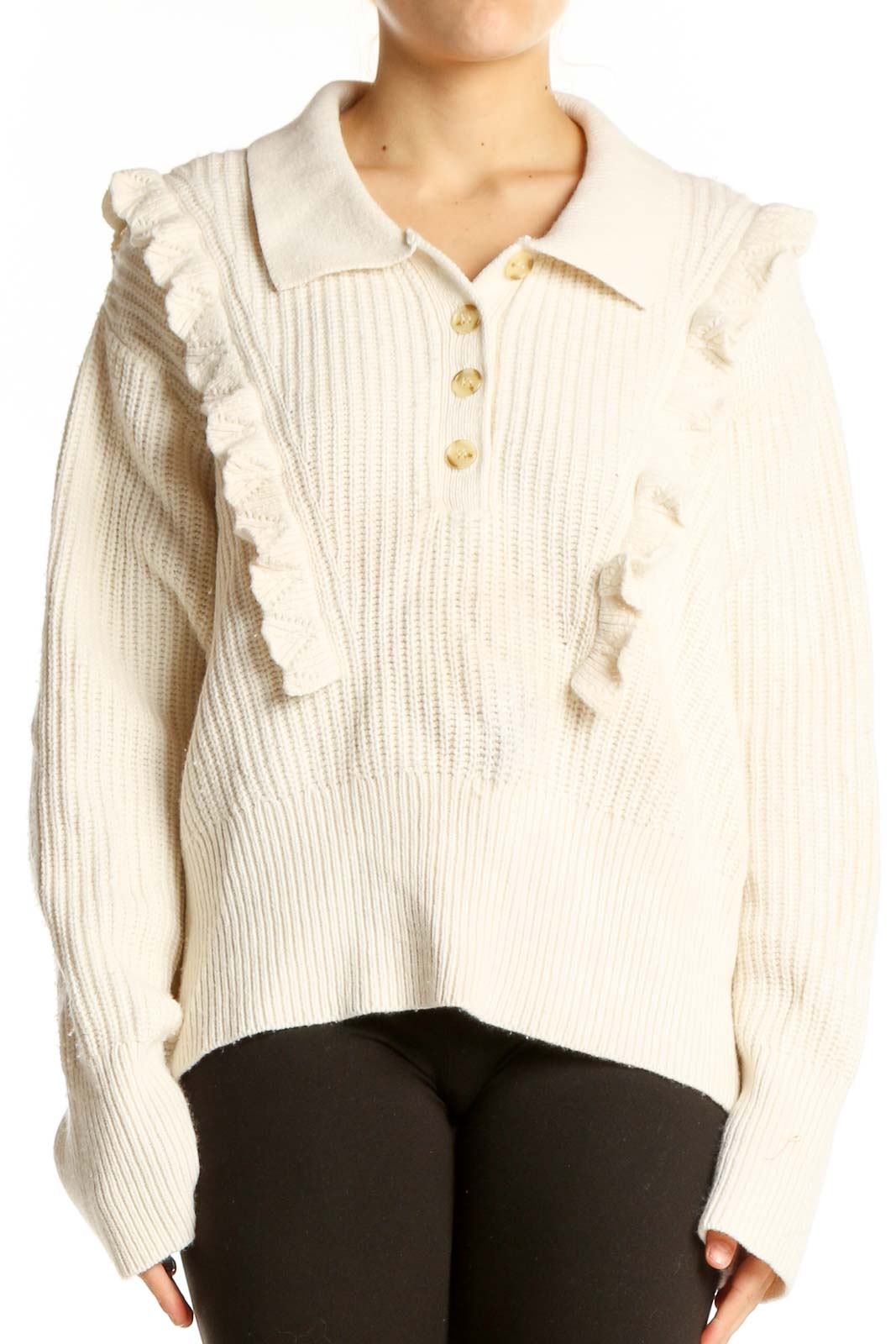 Front view of Derek Lam cream ribbed sweater with ruffle collar