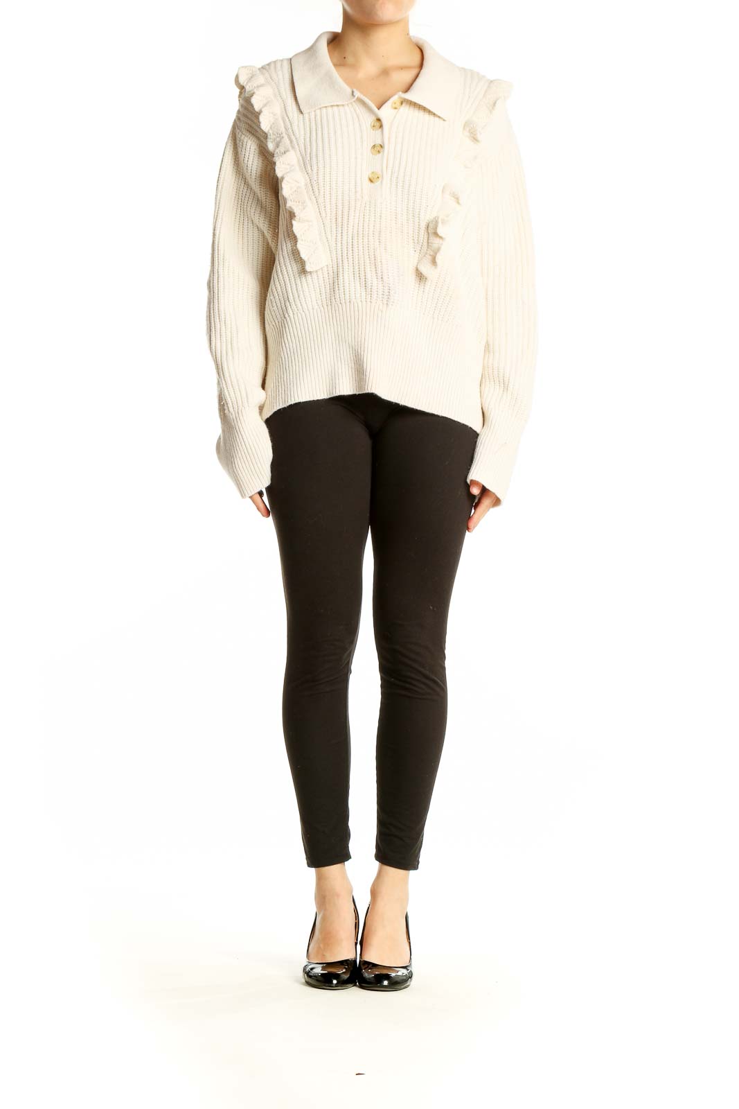 Front view of Derek Lam cream ribbed sweater with ruffle collar