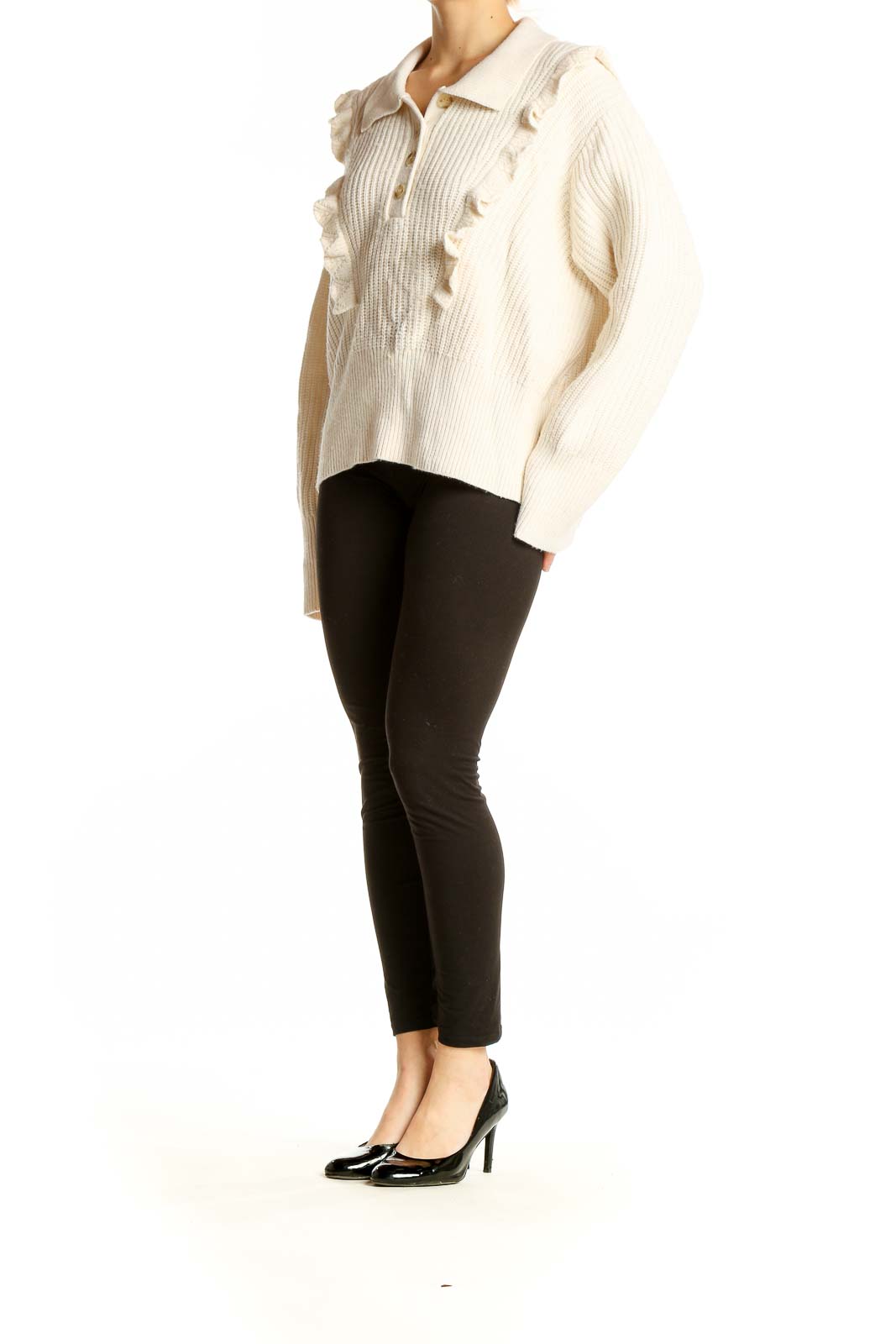 Front view of Derek Lam cream ribbed sweater with ruffle collar