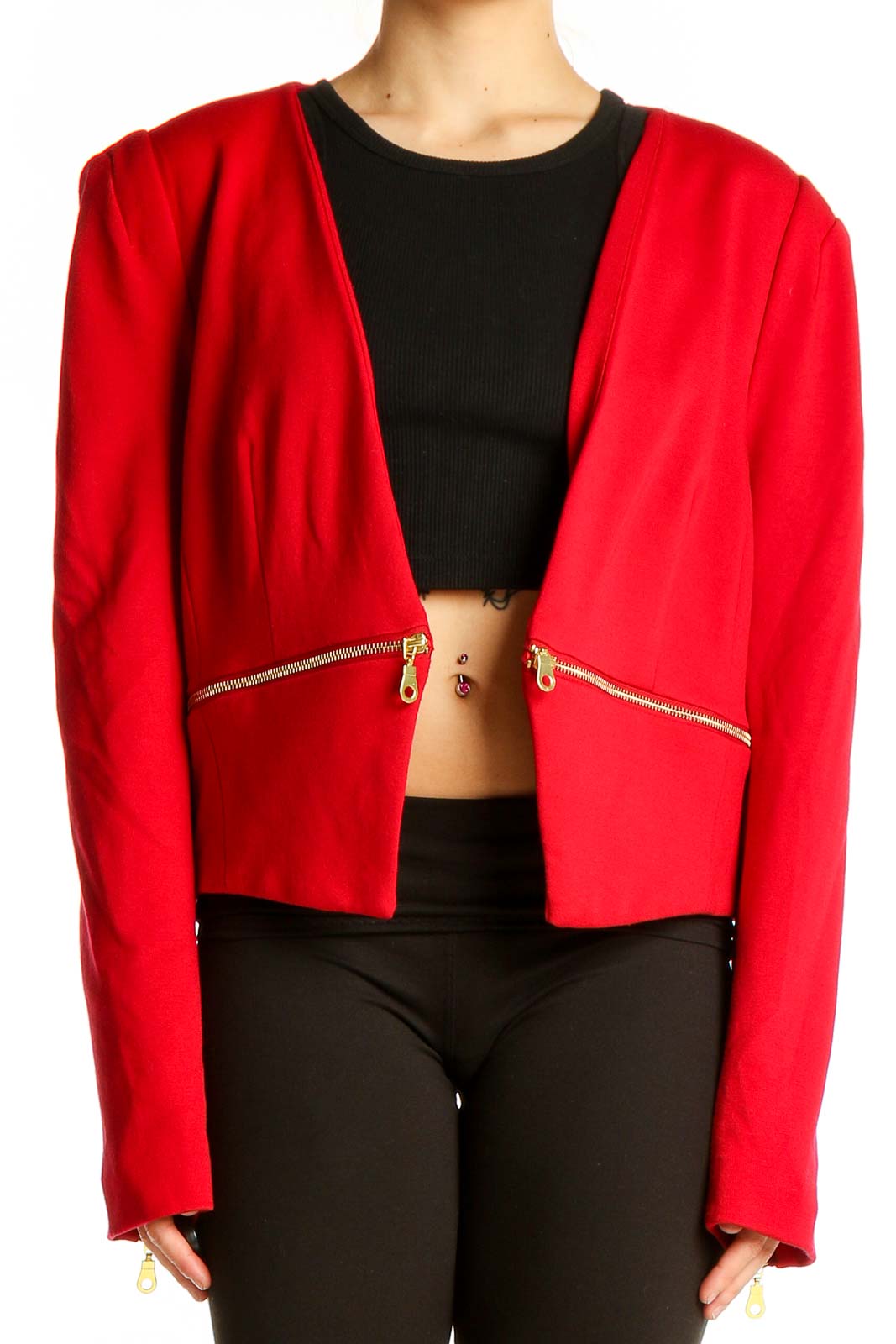 Front view of red Philosophy cropped jacket with gold-tone zip details