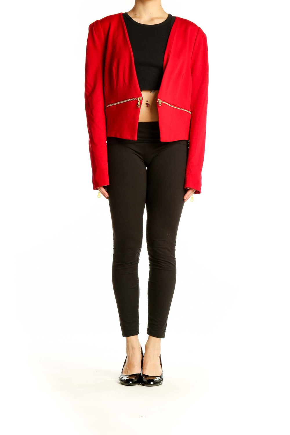 Front view of red Philosophy cropped jacket with gold-tone zip details