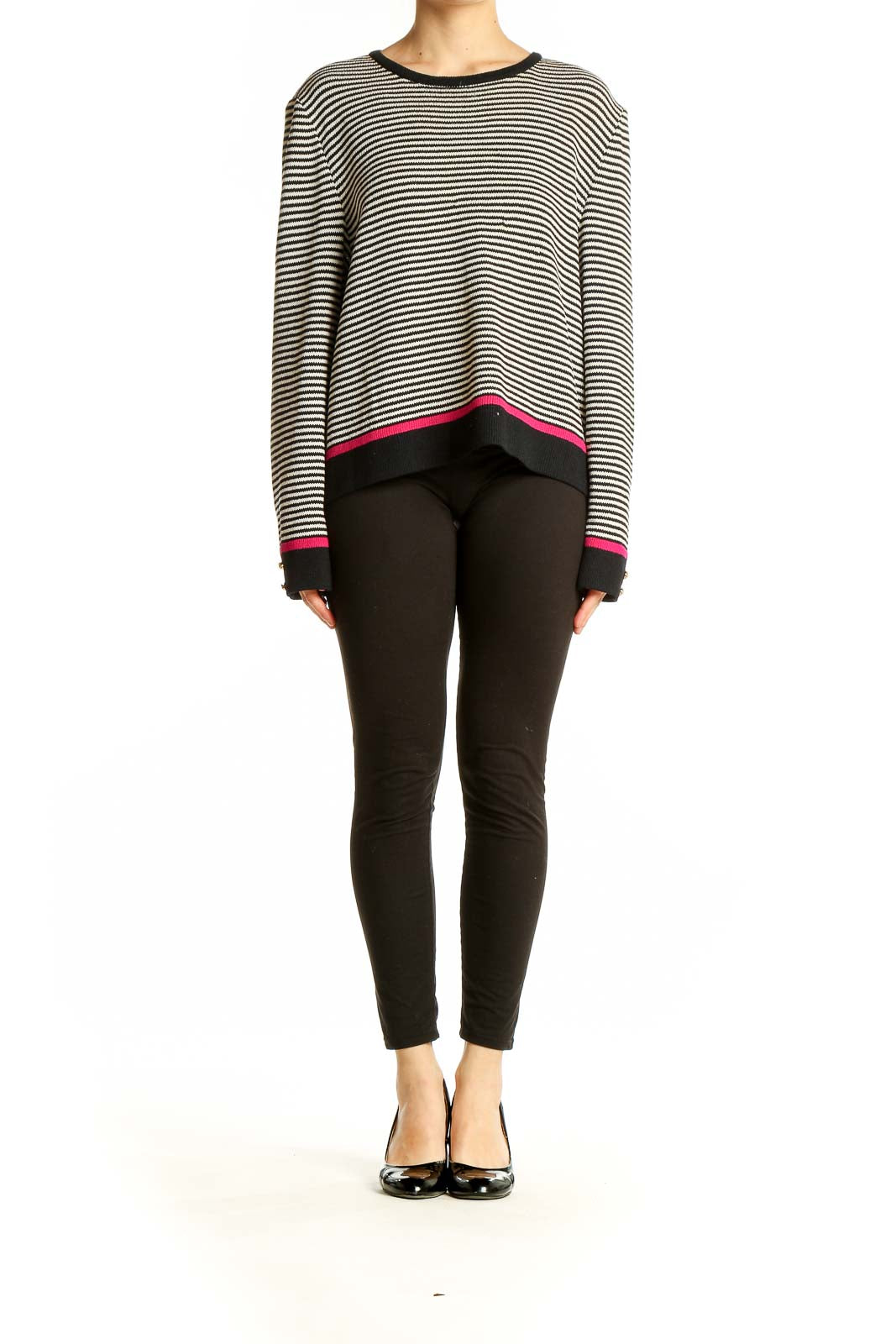 Front view of St. John Sport black and white striped knit sweater with pink trim