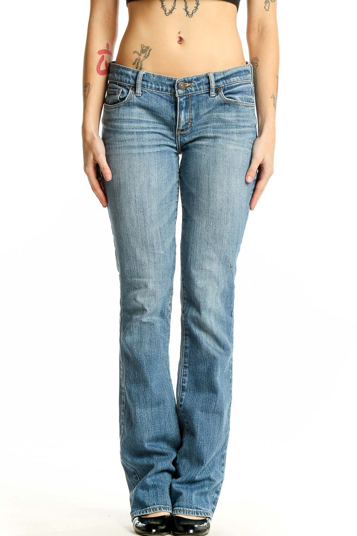 Front view of Abercrombie & Fitch light blue bootcut jeans on model