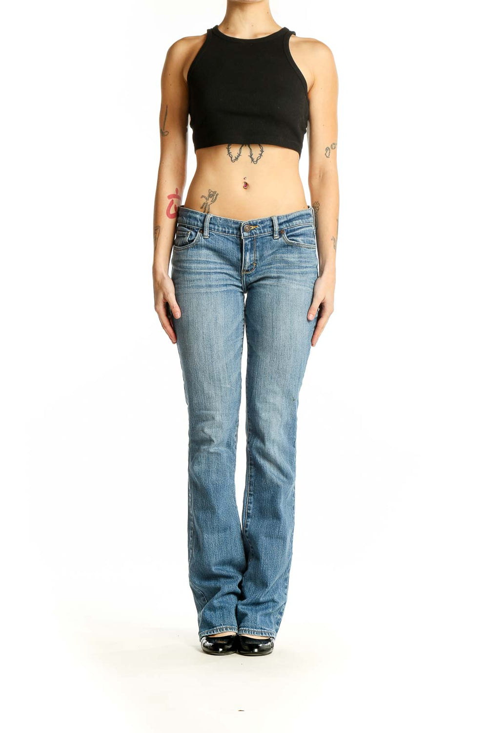 Front view of Abercrombie & Fitch light blue bootcut jeans on model