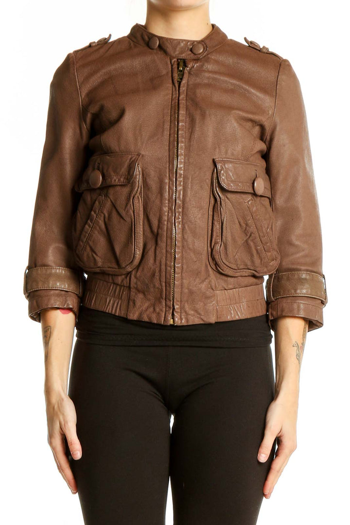 Front view of Charlotte Ronson brown leather cropped moto jacket